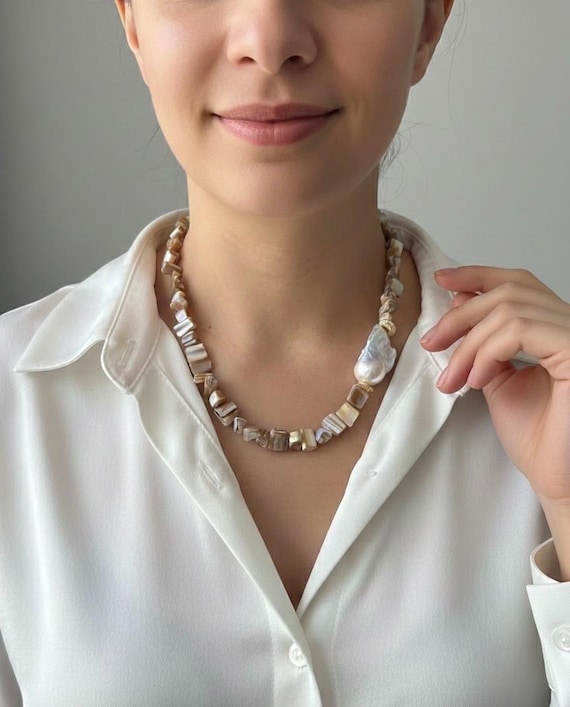 Baroque Pearl  Mother of Pearl Necklace: Gold Plated Boho Chic For Gift