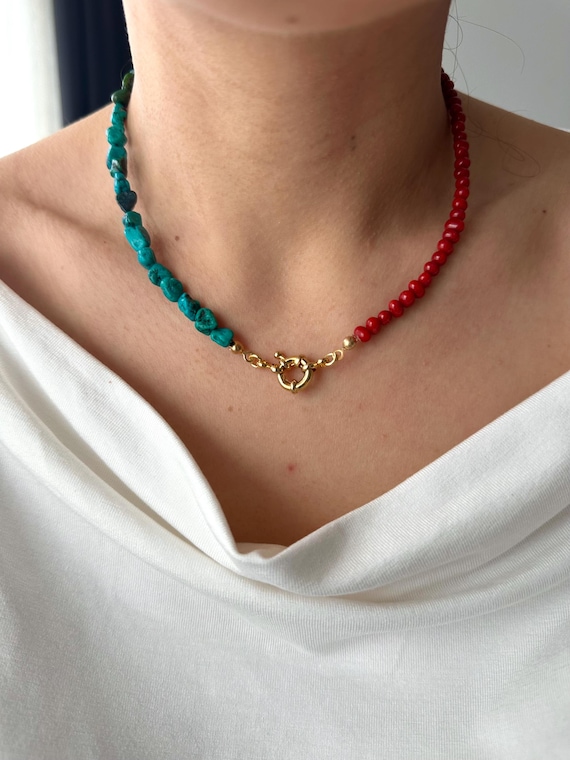 Asymmetrical Turquoise Coral Necklace, Gold Plated Toggle Clasp, 16 Inch Statement Jewelry