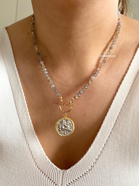 Labradorite Alexander Coin Necklace: Gold & Silver Filled T Bar Clasp