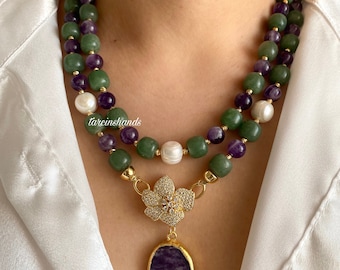 Multistrand Amethyst Aventurine Pearl Necklace: Gold Flower Pendant