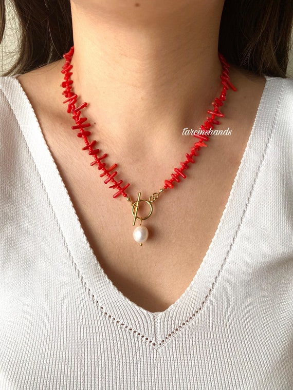 Red Coral Pearl Necklace: Gold-Plated Toggle Clasp, 18 Inch