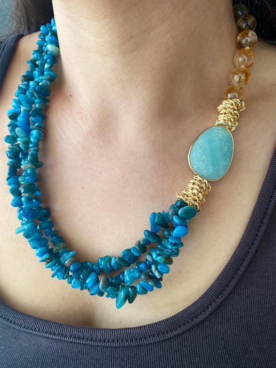 Apatite Citrine Amazonite Multistrand Necklace: Gold-Plated Bohemian Gemstone Gift For