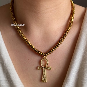 Gold Hematite Ankh Necklace,Gold Color Hematite Bead Ankh Pendant Necklace,Key of Life Necklace,Ankh Jewelry,Mythological Egypt
