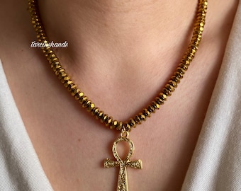 Gold Hematite Ankh Pendant Necklace: Key of Life Jewelry