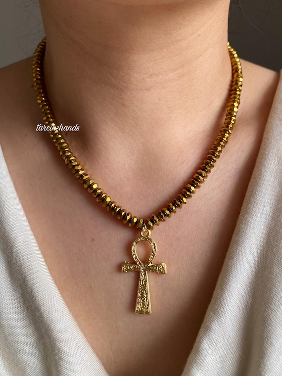Gold Hematite Ankh Pendant Necklace: Key of Life Jewelry