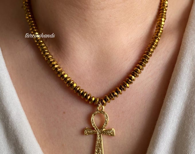 Gold Hematite Ankh Necklace,Gold Color Hematite Bead Ankh Pendant Necklace,Key of Life Necklace,Ankh Jewelry,Mythological Egypt