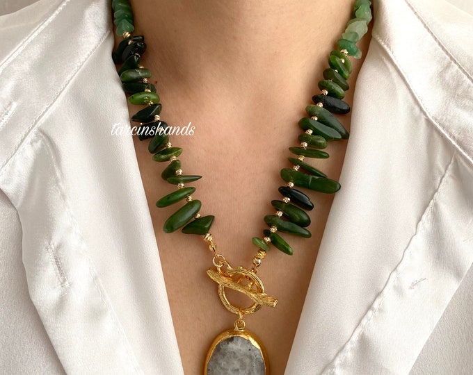 Jade and Aventurine Gold Toggle Necklace with Moonstone Pendant , Green Jade Necklace , Green Gemstone Necklace , Chunky Aventurine Necklace
