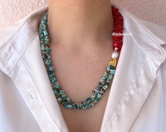 Turquoise and red coral necklace , multistrand gemstone necklace , chunky coral necklace , layered turquoise , beaded coral necklace