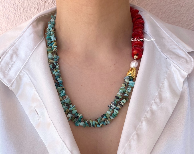 Turquoise and red coral necklace , multistrand gemstone necklace , chunky coral necklace , layered turquoise , beaded coral necklace