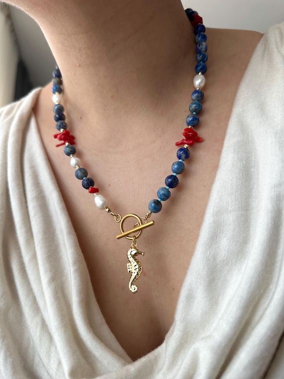 Lapis Lazuli Red Coral and Freshwater Pearl Gold Filled Toggle Necklace with Seahorse Pendant,Boho Summer Gemstone,Mixed Gemstone and Pearl