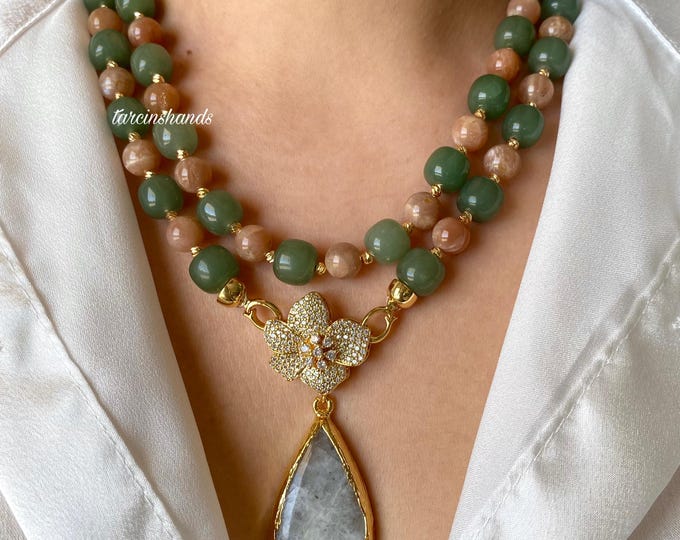 Multistrand Aventurine and Sunstone Gold Necklace with Moonstone Pendant , Statement Gemstone Necklace , Chunky Multistone Necklace