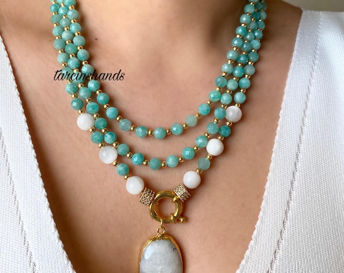 Amazonite Necklace , Multistrand Amazonite and Selenite Gold Necklace with Moonstone Pendant,Statement Blue Semi Precious Stone Necklace