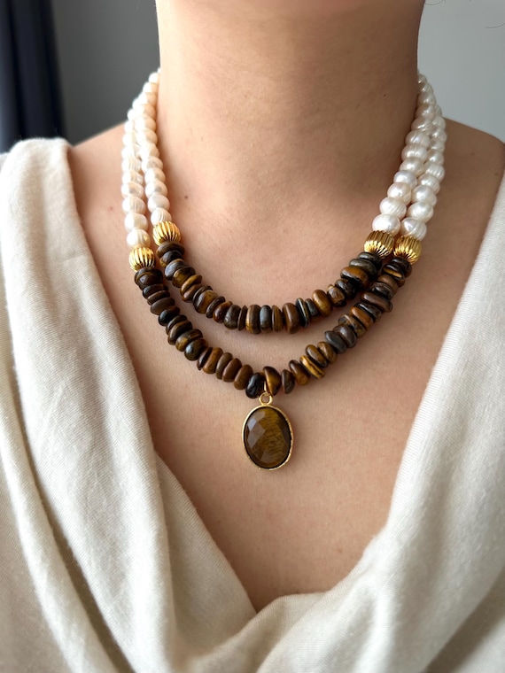 Tiger's Eye Pearl Multistrand Necklace: Gold-Plated Boho Jewelry Gift For