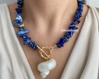 Lapis Lazuli Turbo Shell Pendant Gold Toggle Necklace , Natural Lapis Lazuli Shell Necklace , Navy Blue Gemstone Necklace Shell Pendant