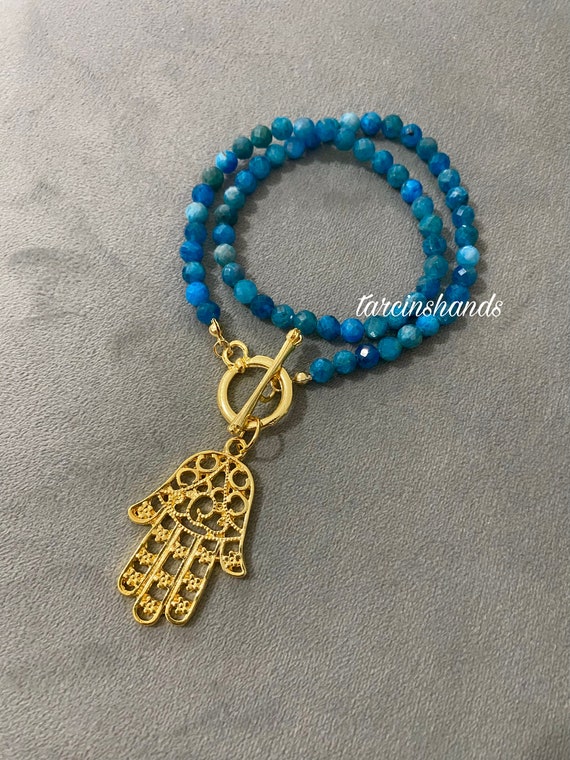 Apatite Stone Necklace: Gold Hamsa Hand Pendant, Toggle Clasp