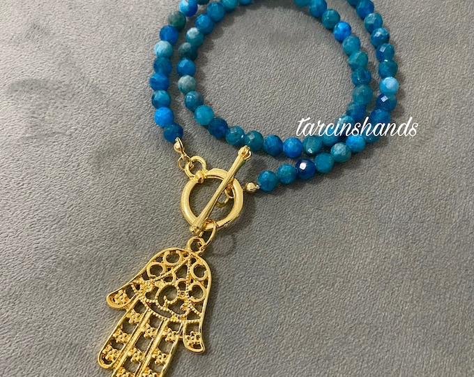 Apatite Gold Toggle Necklace with Gold Hamsa Pendant , Hand of Fatima Protection Necklace with Natural Apatite Stones , Hamsa Hand Choker