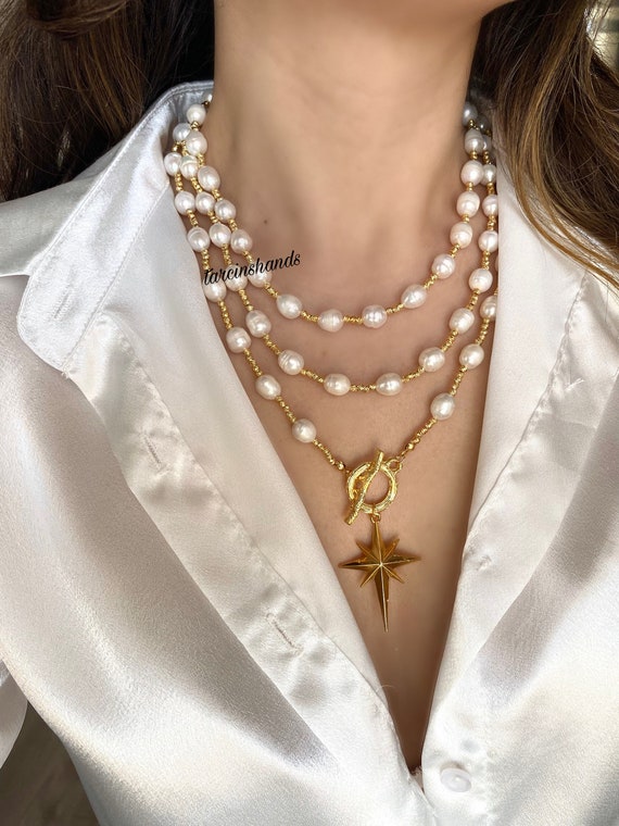 Multistrand Pearl Necklace: 14k Gold Filled Toggle, North Star Pendant