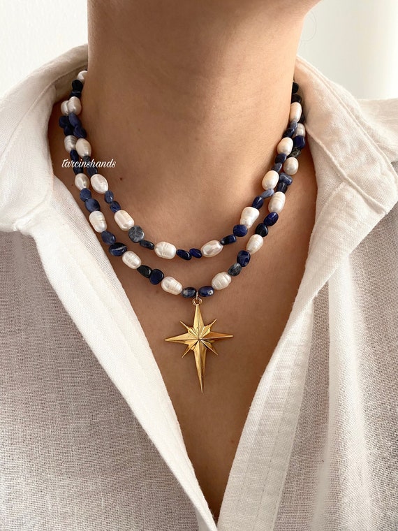 Multistrand Sodalite and Freshwater Pearl Gold Filled Necklace with North Star Pendant , Layered Pearl and Gemstone Necklace , Gift for Her
