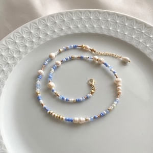 Mixed beaded and freswater pearl adjustable gold plated necklace , glass seed bead necklace , small blue beaded necklace , minimal beads