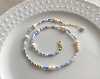 Mixed beaded and freswater pearl adjustable gold plated necklace , glass seed bead necklace , small blue beaded necklace , minimal beads