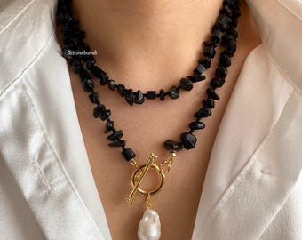 Obsidian Gold Filled Toggle Necklace with Real Big Baroque Pearl Pendant,Natural Black Semi Precious Stone Long Necklace,Chunky Necklace
