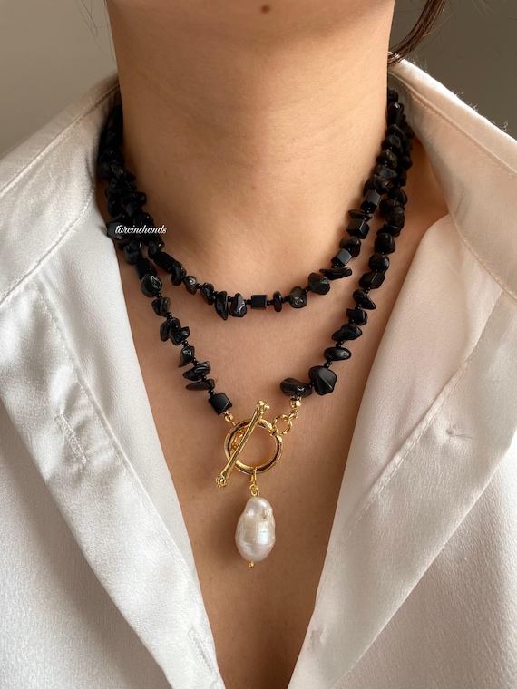 Obsidian Gold-Plated Toggle Necklace: Baroque Pearl Pendant