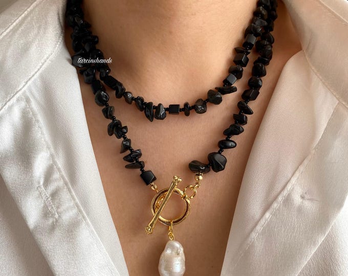 Obsidian Gold Filled Toggle Necklace with Real Big Baroque Pearl Pendant,Natural Black Semi Precious Stone Long Necklace,Chunky Necklace