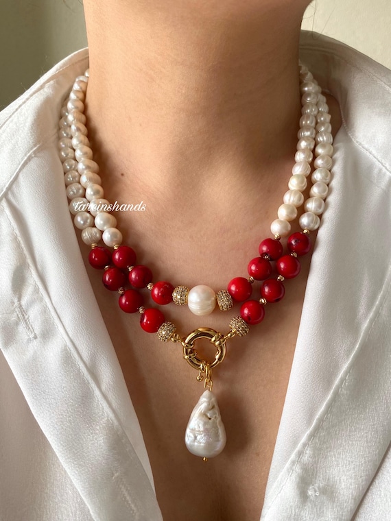 Red Coral Pearl Multistrand Necklace: Baroque Pearl Pendant