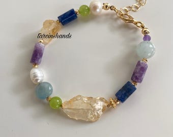 Mixed Gemstone and Natural Pearl Gold Filled Bracelet,Natural Raw Citrine Amethyst Sodalite Jade Aquamarine Freshwater Pearl Bracelet