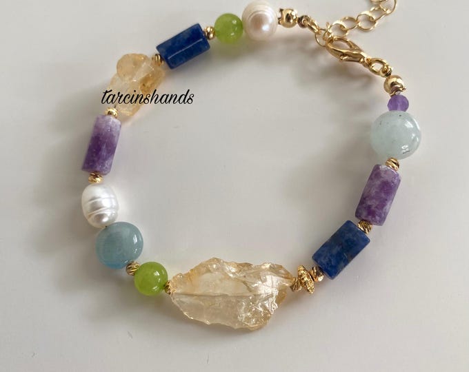 Mixed Gemstone and Natural Pearl Gold Filled Bracelet,Natural Raw Citrine Amethyst Sodalite Jade Aquamarine Freshwater Pearl Bracelet