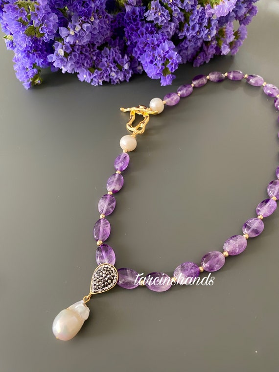 Amethyst Pearl Necklace: Gold Toggle, Baroque Pendant, Gemstone Bead