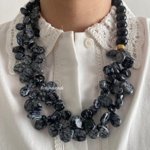 Chunky Obsidian Necklace,Black Semi Precious Stone Boho Necklace,Snowflake Obsidian Necklace,Handmade Statement Gemstone Necklace For Women