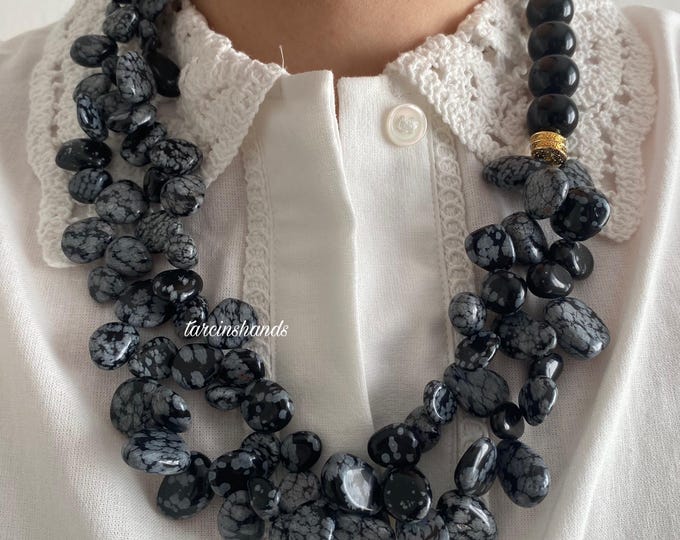 Chunky Obsidian Necklace,Black Semi Precious Stone Boho Necklace,Snowflake Obsidian Necklace,Handmade Statement Gemstone Necklace For Women