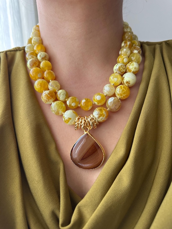 Yellow Agate Multistrand Necklace: Chunky Boho Gemstone Statement