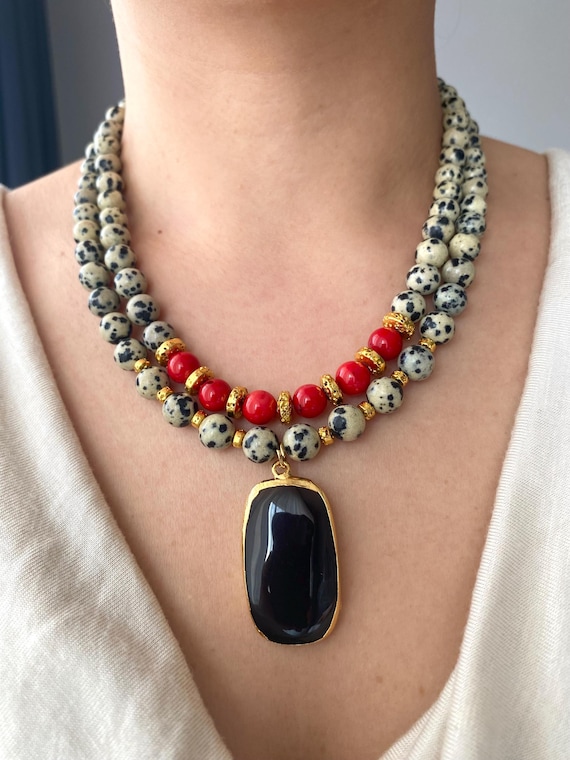 Red Coral & Dalmatian Jasper Necklace: Obsidian Pendant, Gold-Plated Boho Jewelry