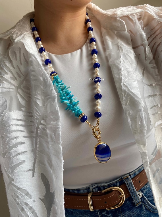 Navy Agate & Pearl Gold Filled Necklace: Boho Gemstone Pendant