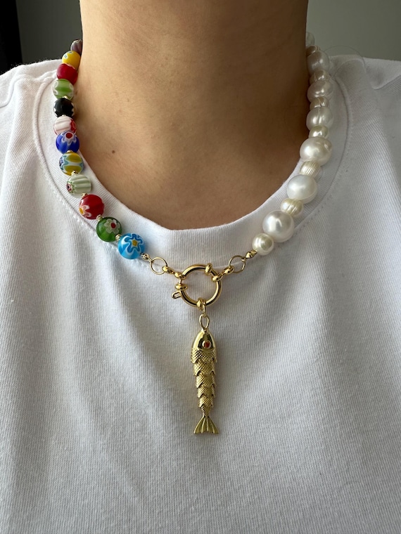 Millefiori & Freshwater Pearl Necklace: Movable Fish Pendant, Gold-Plated