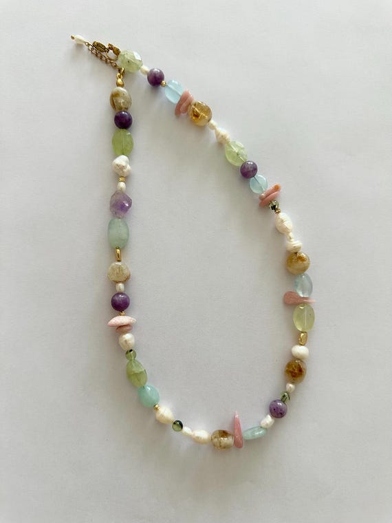 Handmade Gemstone & Pearl Necklace: Aquamarine, Opal, Citrine
