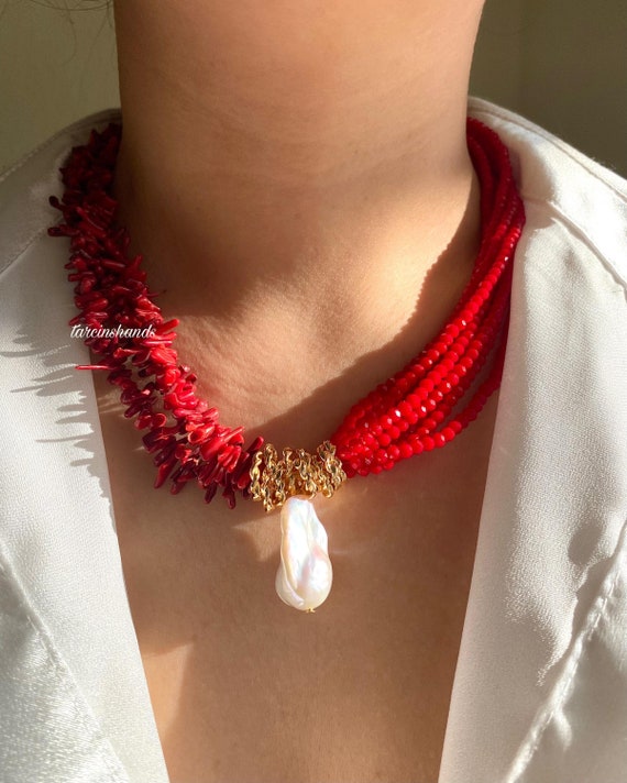 Red Coral Multistrand Necklace: Baroque Pearl, Crystal Beads