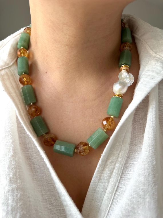 Aventurine Citrine Baroque Pearl Necklace: Chunky Boho Gemstone