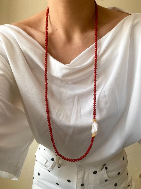Long Red Coral Necklace with Baroque Pearl, Gold Plated Statement Jewelry