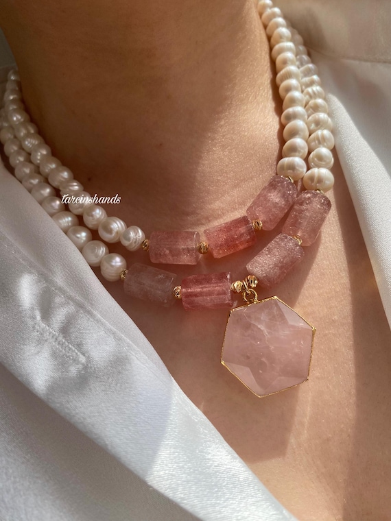 Rose Quartz and Pearl Multistrand Necklace, Gold Plated Convertible Jewelry, Soft Pink Gemstone Choker, Romantic Bridesmaid Gift, Boho