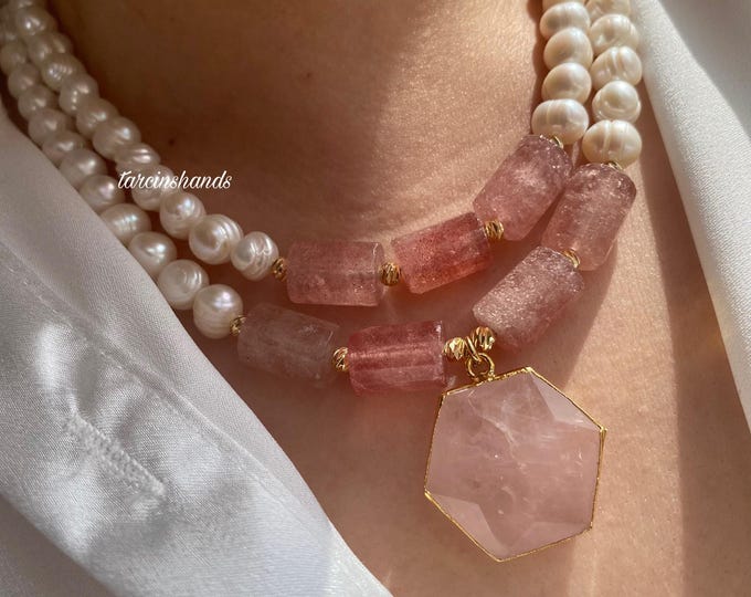 Rose Quartz and Natural Pearl Multistrand Necklace,Natural Pink Quartz Beaded Layered Necklace,Statement Gemstone Chunky Necklace