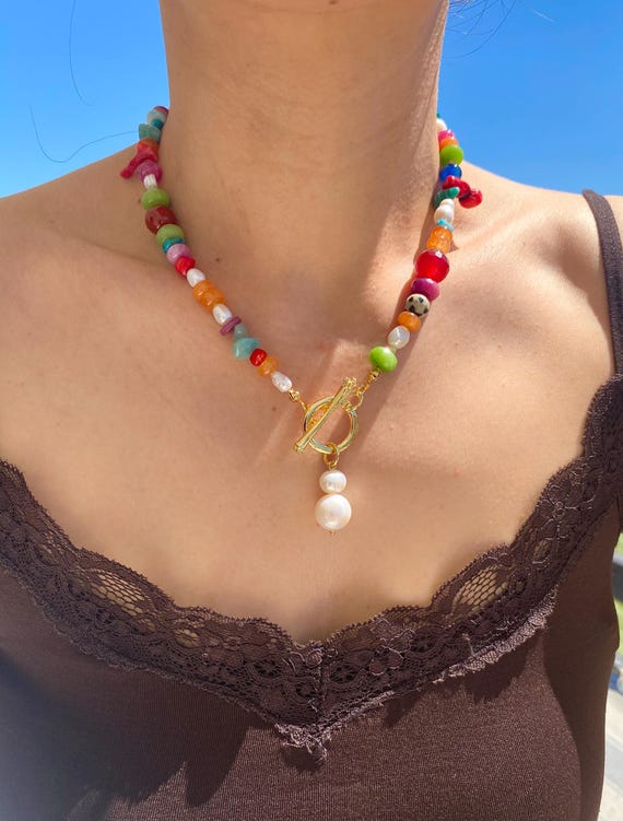 Colorful Gemstone Necklace,Gold Filled Toggle Clasp Pearl Pendant,Summer Jewelry