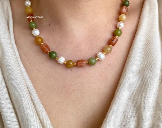 Dainty Gemstone and Freshwater Pearl Gold Filled Necklace,Sunstone Jade Aventurine and Natural Pearl Necklace,Multistone Necklace,Gift