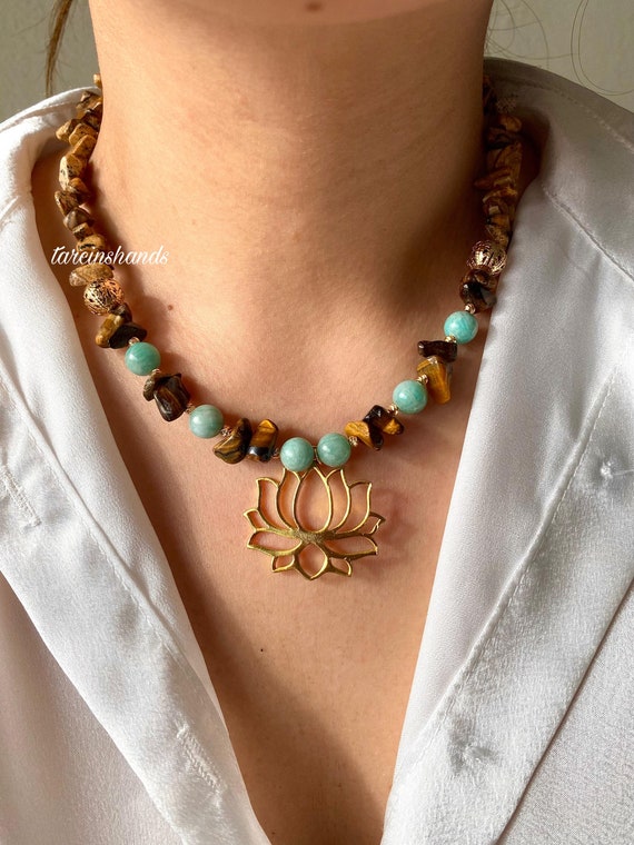 Gold Lotus Flower Necklace: Amazonite, Jasper & Tiger's Eye Gemstone