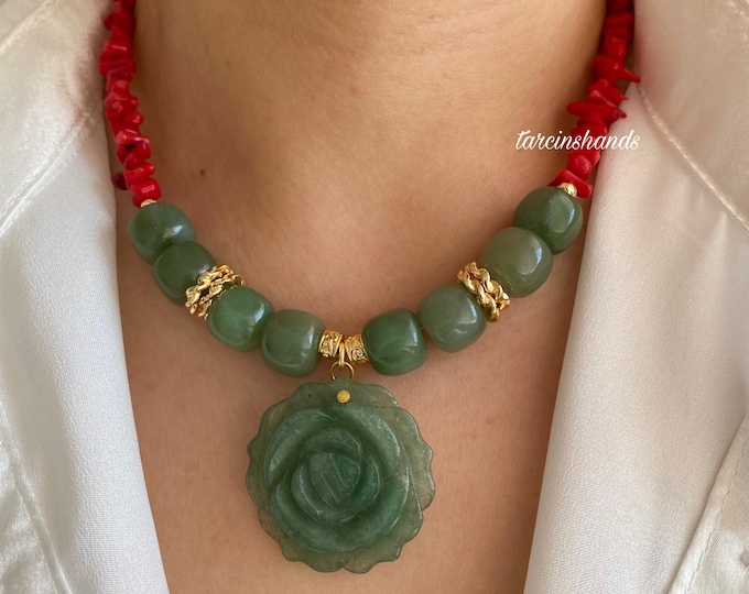 Aventurine and Red Coral Gold Filled Necklace with Rose Aventurine Pendant,Chunky Boho Multistone Necklace,Red Green Gemstone Necklace