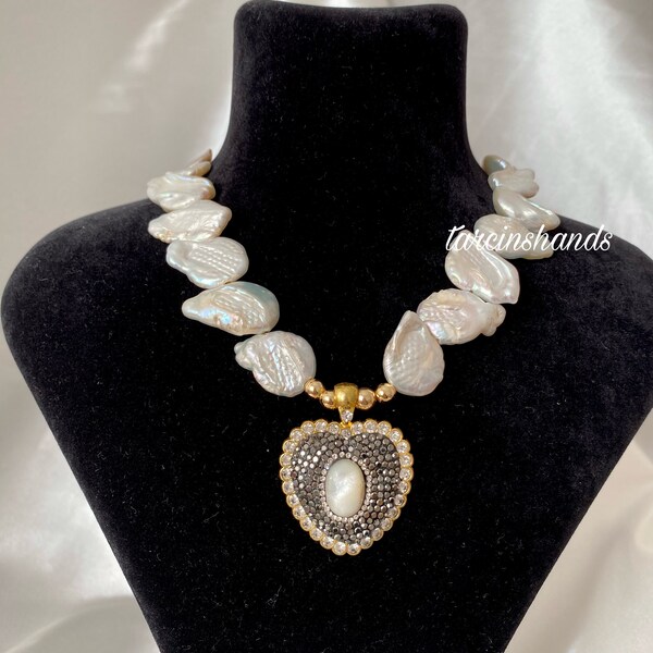 Baroque pearl statement necklace , irregular shaped pearl , chunky pearl necklace , large pearl jewelry , keshi pearl jewelry , gift idea