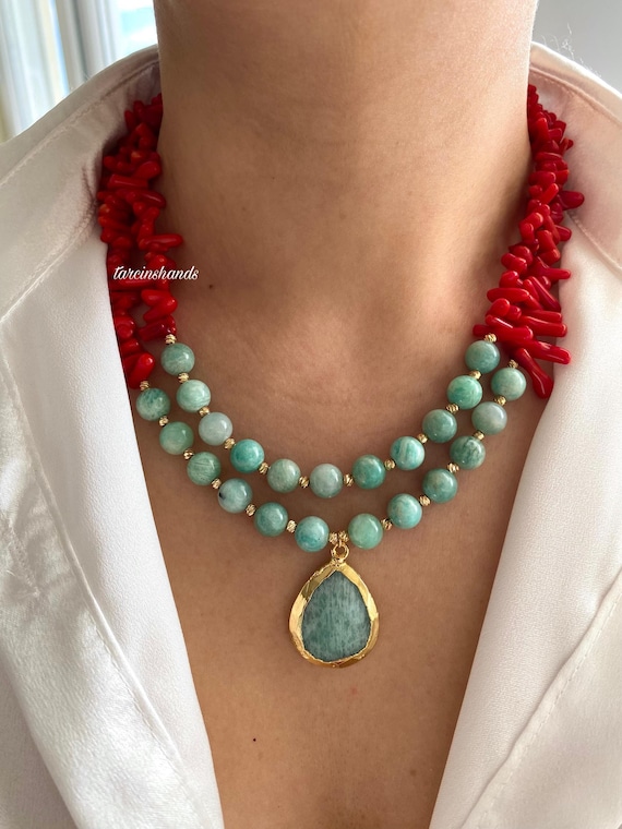 Handmade Red Coral Amazonite Necklace: Gold-Plated Bohemian Jewelry