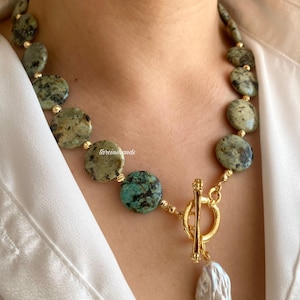Natural African Turquoise Gold Toggle Necklace with Real Big Baroque Pearl Pendant,Chunky Big Bold Turquoise Pearl Necklace,Summer Necklace